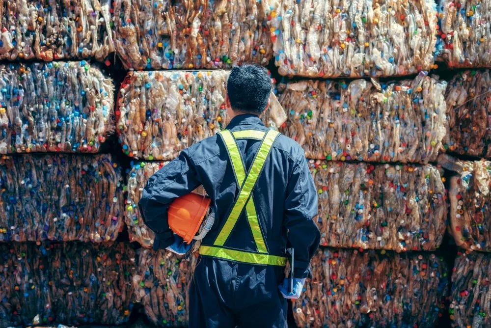 A person in a safety vest standing in front of stacked bales of compressed recyclable plastic bottles.